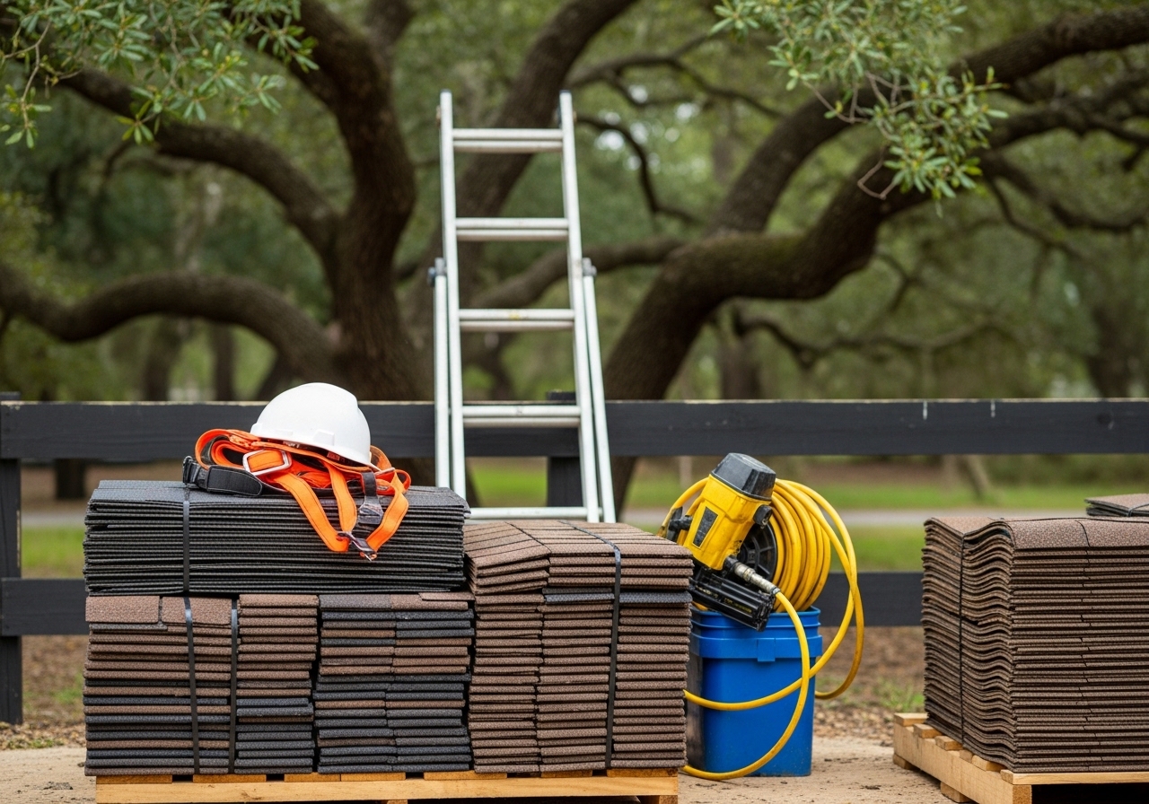 A roofing crew's equipment and materials staged on a job site, including bundles of shingles, safety gear, and ladders ready for a residential roof replacement in Houston, TX.