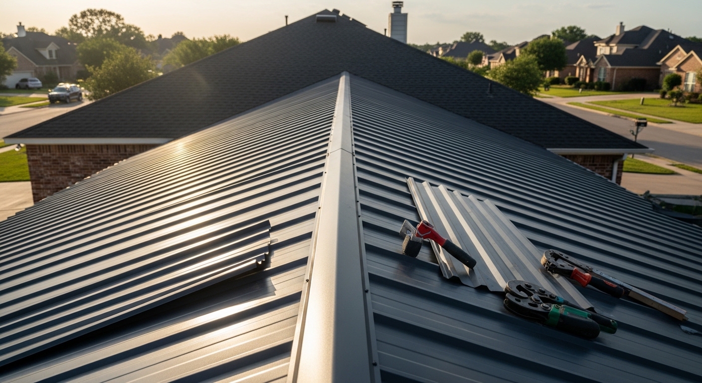 Metal roof installation on a residential property in the Houston metro area