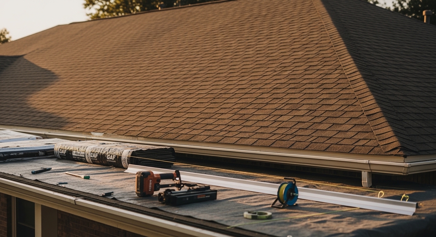 Roofing crew replacing a damaged shingle roof on a Houston home after a storm