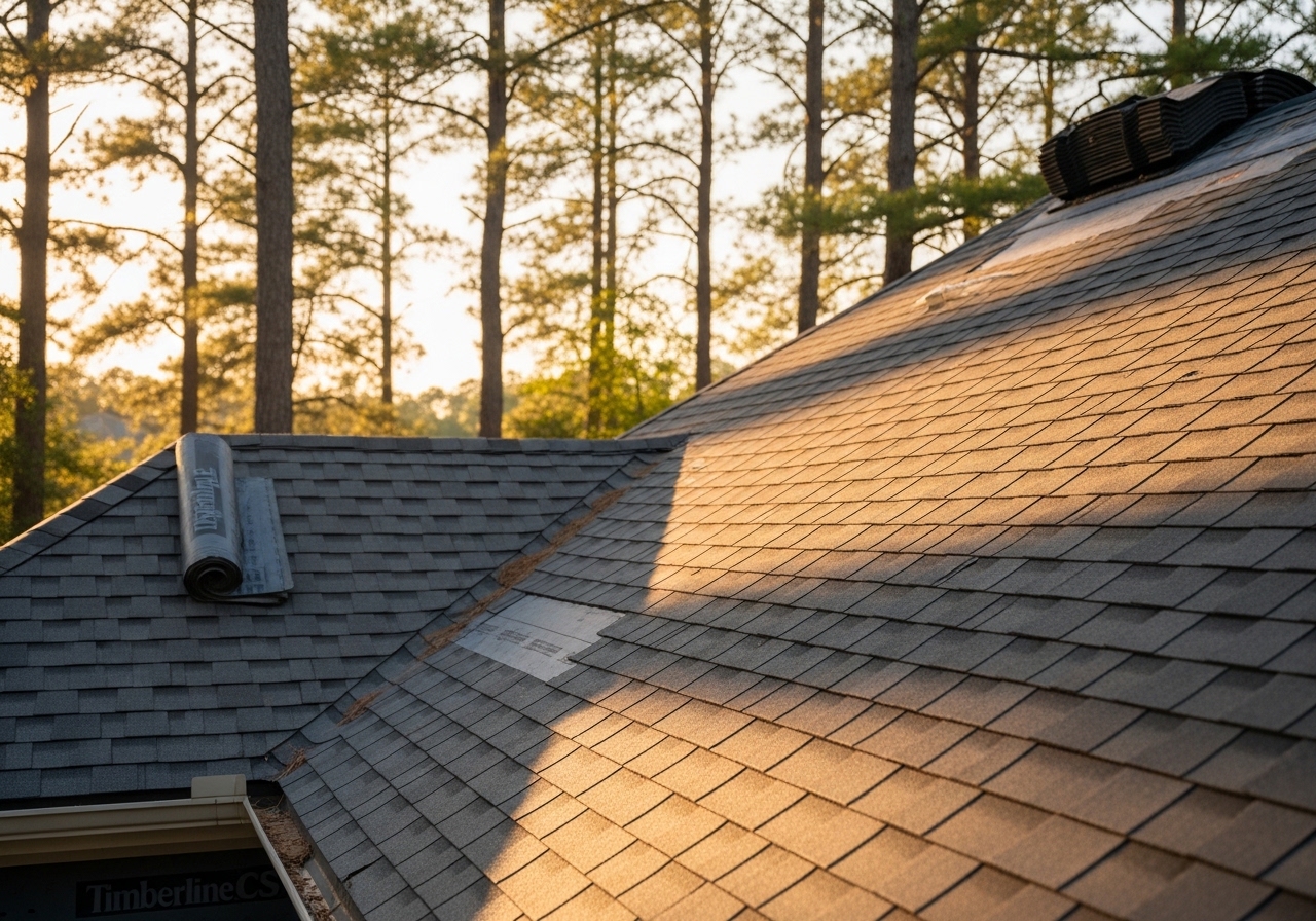 New GAF Timberline shingle roof on a large two-story home in The Woodlands, TX with Golden Pledge warranty