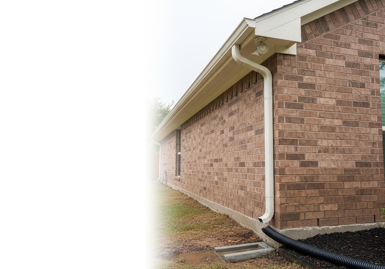 New seamless aluminum gutters with extended downspouts installed on a ranch-style home in Pearland, TX