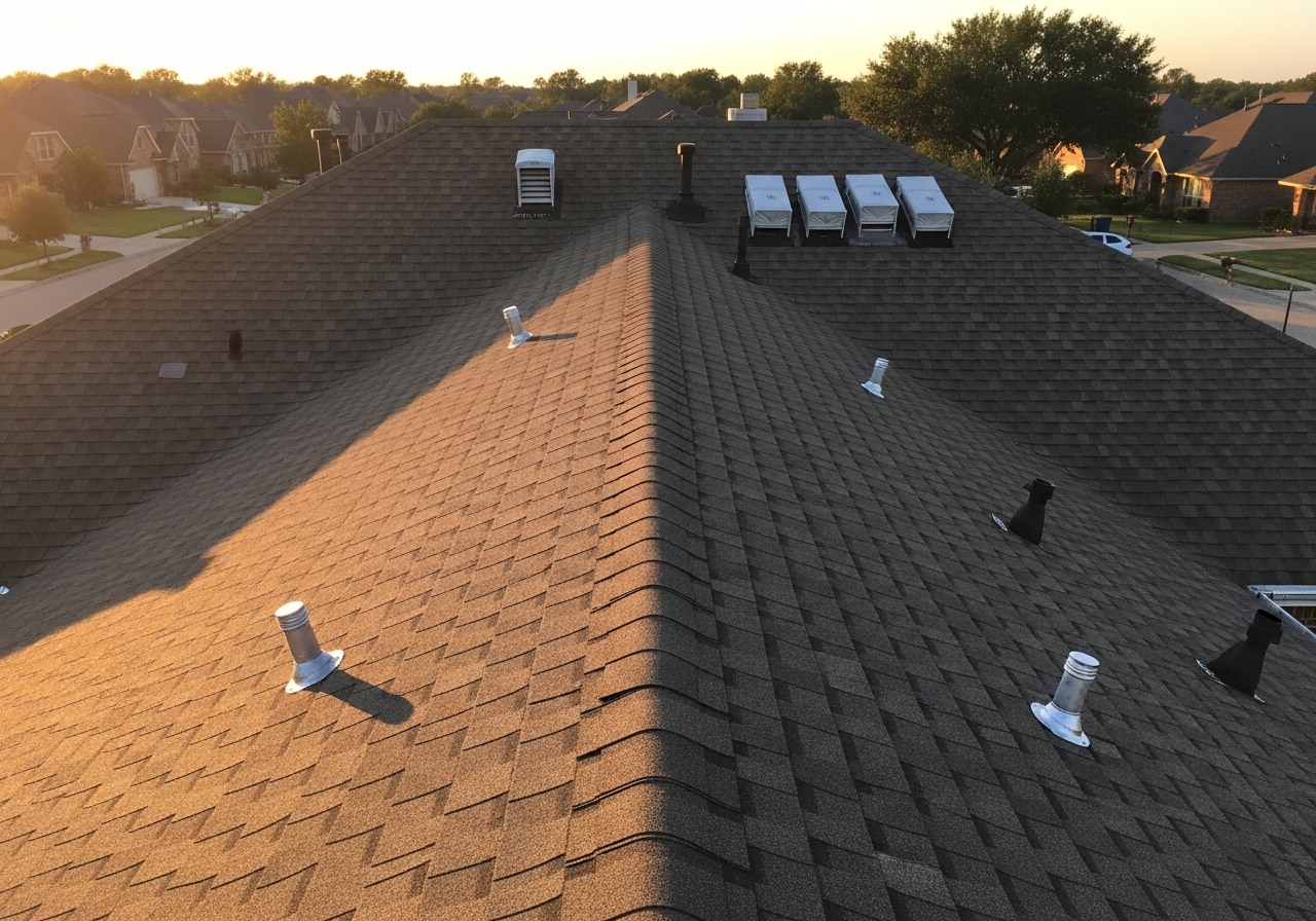 Completed GAF shingle roof replacement on a two-story home in Sugar Land, TX funded through a supplemental insurance claim