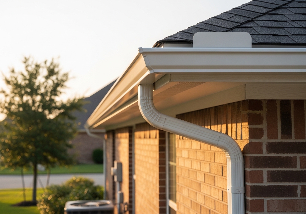 New 6-inch seamless aluminum gutters and replaced fascia boards on a brick home in Sugar Land, TX