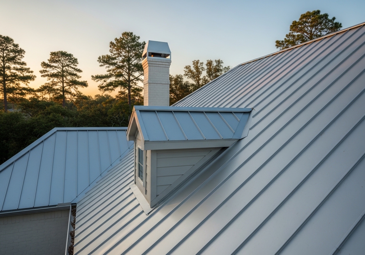 Standing seam metal roof installed on a large residential home in The Woodlands, TX