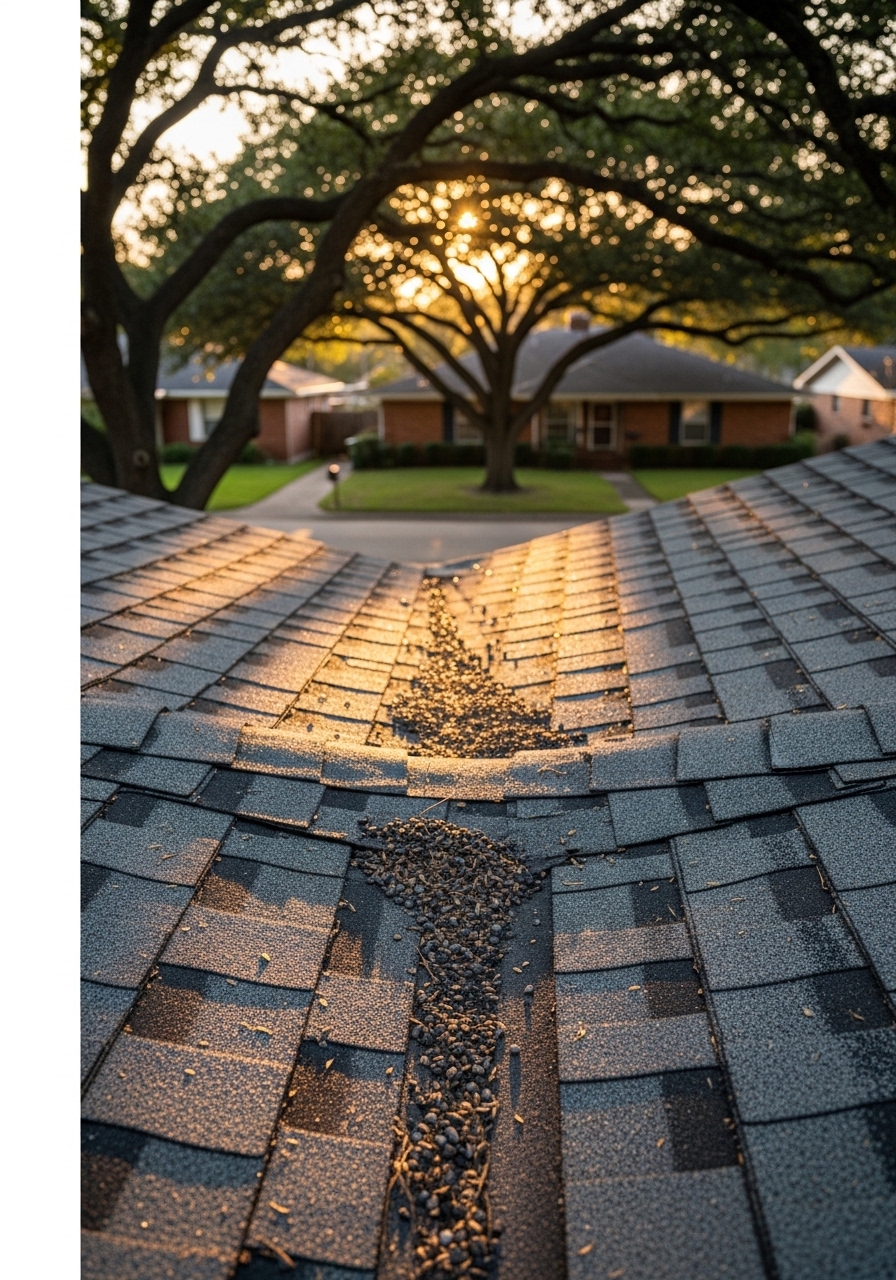 Close-up portrait of a roofer inspecting shingle granule loss on a Houston home's sloped roof, with a suburban street visible in the background.