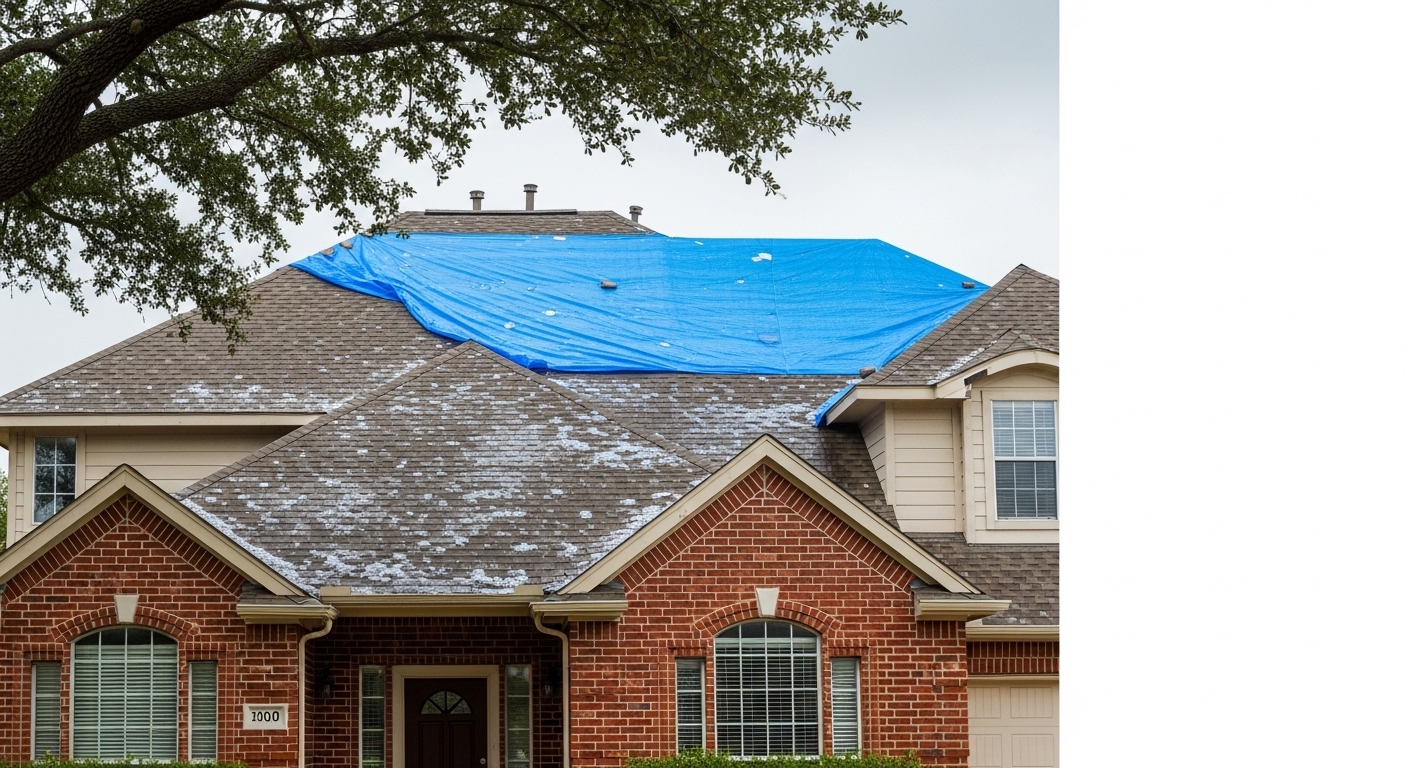 Wide-angle view of a Houston residential neighborhood roofline after a hail storm, showing shingle damage on a two-story brick home with a blue tarp on one section.