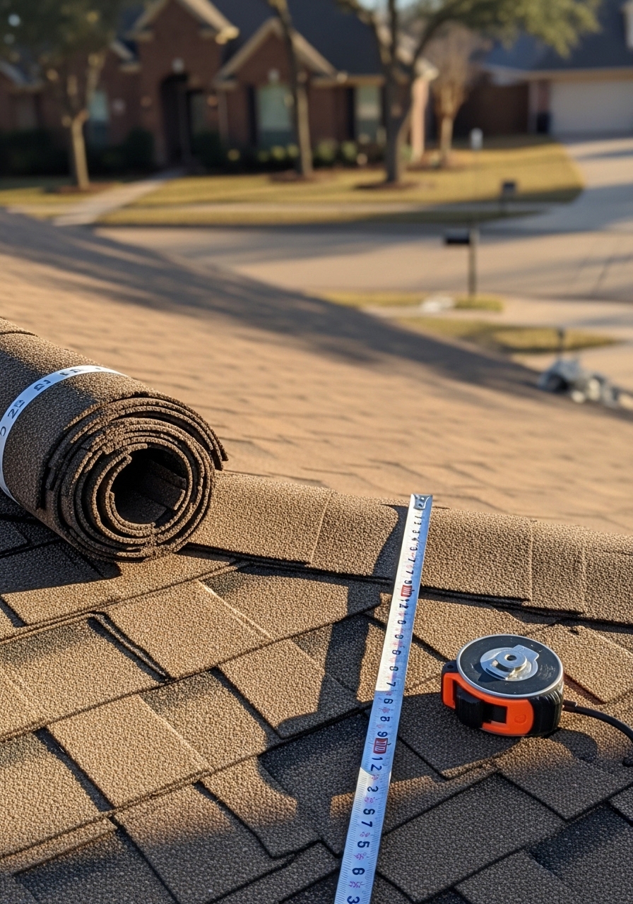 Portrait-angle shot of a roofer on a steep two-story Katy home roof, measuring shingle damage near a ridge cap with a suburban cul-de-sac below.