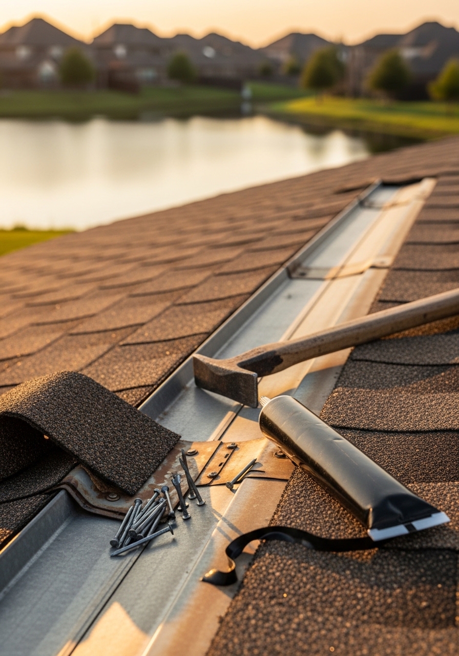 Portrait-angle photo of a roofer on a Pearland home roof inspecting lifted shingle tabs near a valley flashing, with a community lake visible in the background.
