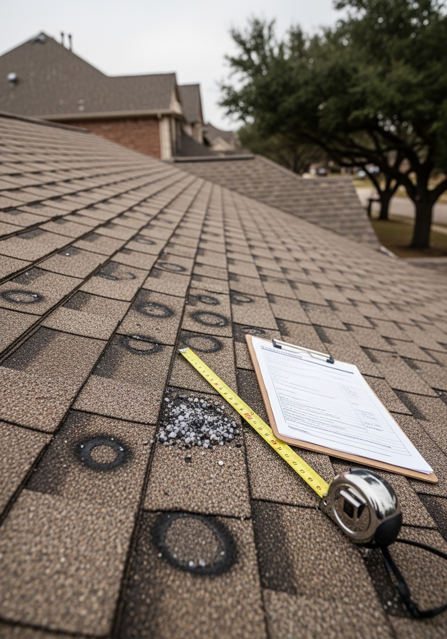 Portrait-angle photo of a roofer documenting hail damage on a Sugar Land home's shingle field, with a Fort Bend County suburban neighborhood visible behind him.