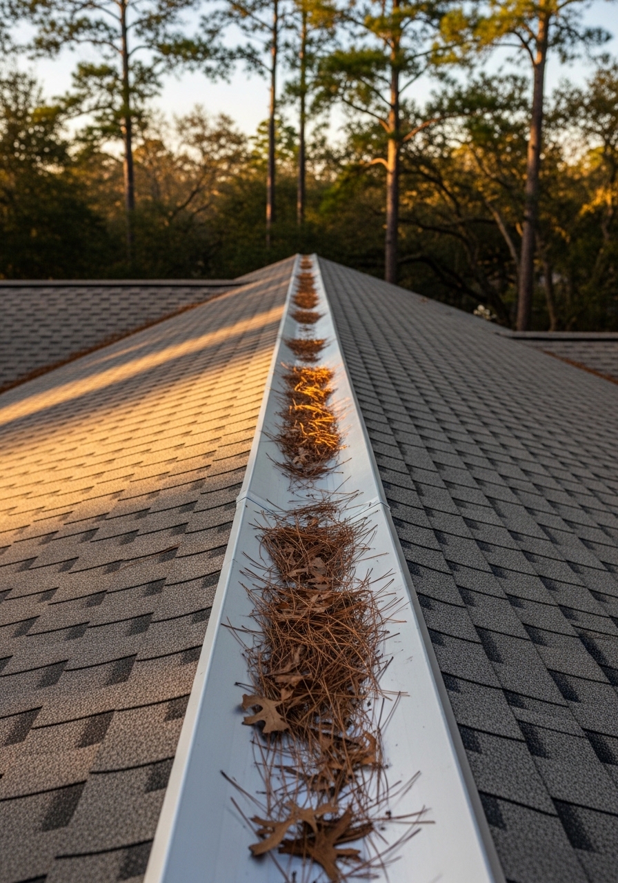 Portrait-angle photo of a roofer clearing debris from a valley flashing on a Woodlands home roof, with mature pine and oak trees surrounding the property.