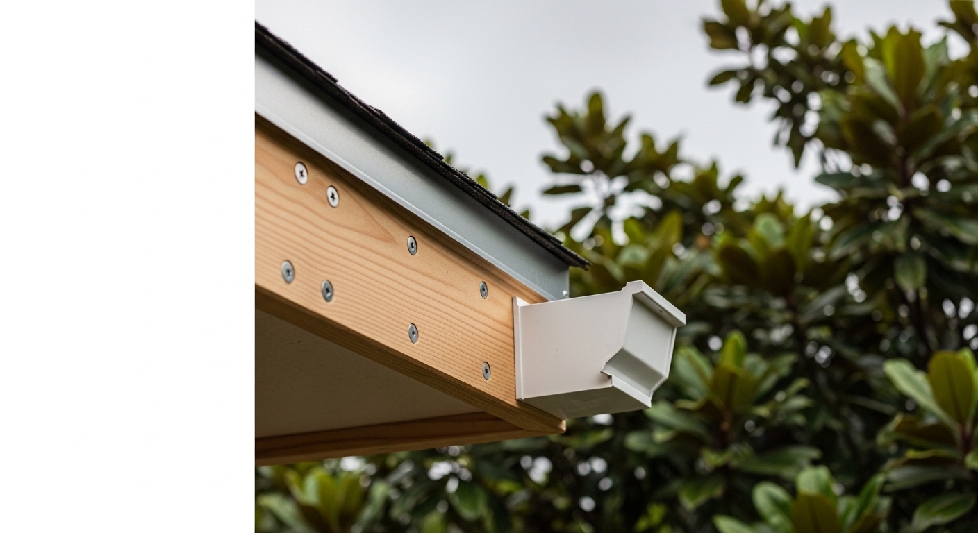 A Houston home roofline showing a freshly installed fascia board with gutters reattached and aligned along the eave edge. The new board runs the full length of the front roofline, replacing rot-damaged wood on a residential property in Houston, TX.