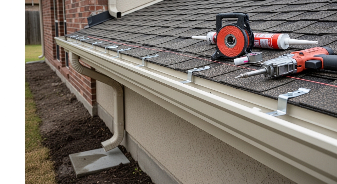 A newly installed gutter system running along the roofline of a Houston, TX home, with a downspout directing water away from the foundation. The fascia boards are clean and securely mounted, showing a finished exterior drainage installation.