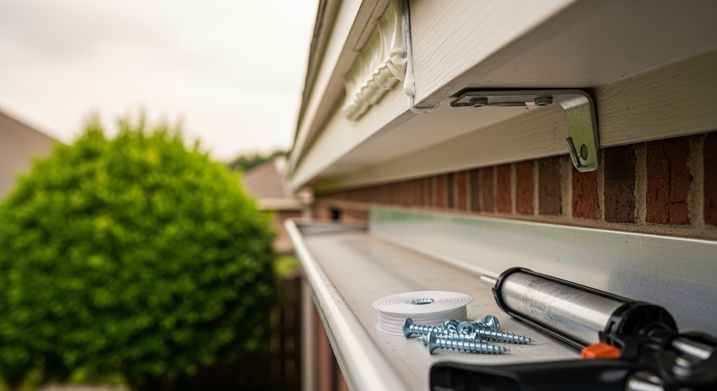 A Houston residential roofline showing a repaired gutter section with reattached hangers and sealed joints along a single-story home. A Better Quality Roofing technician inspects the downspout connection at the corner of the fascia board.