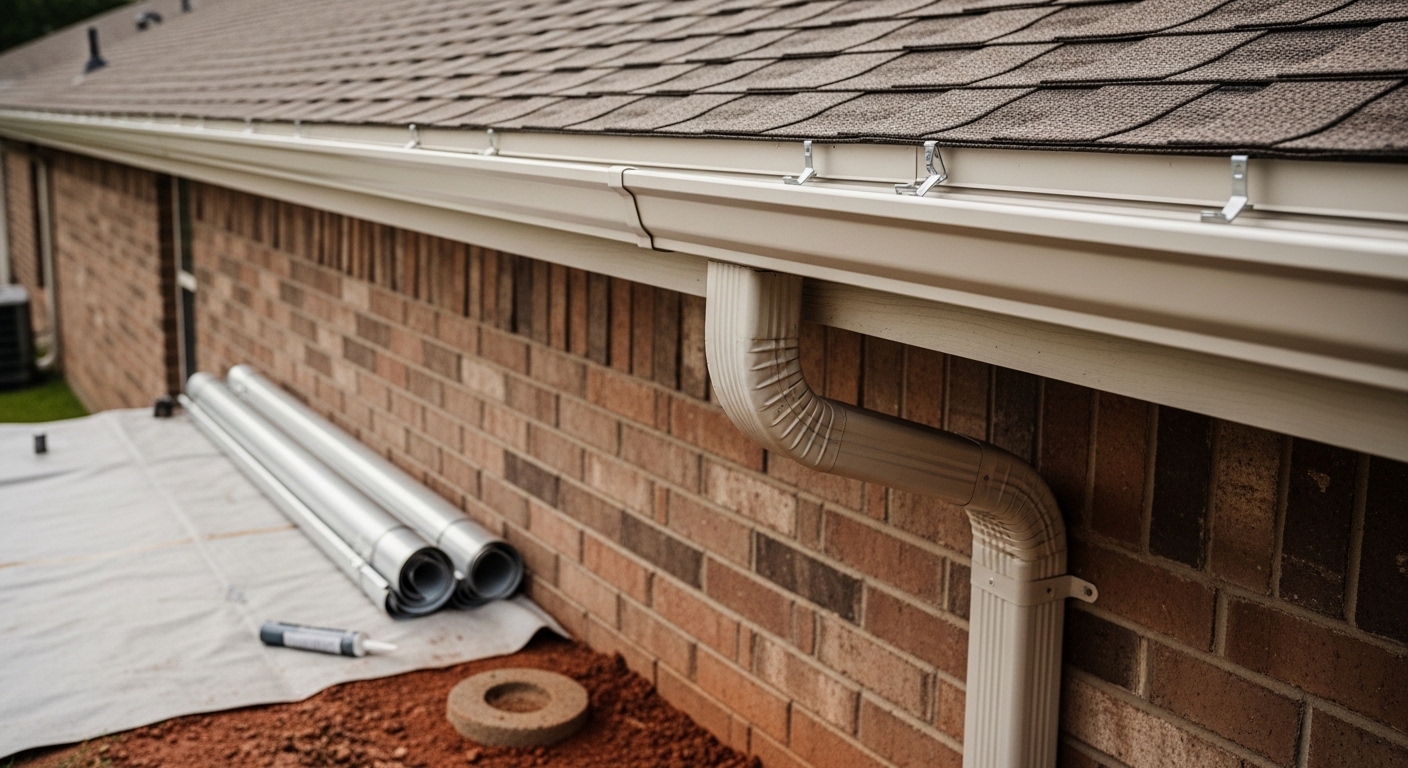 New gutter system installed along the roofline of a single-story Houston, TX home, with a downspout directing water away from the foundation. Close-up shows clean fascia attachment and properly pitched channel after full gutter replacement.