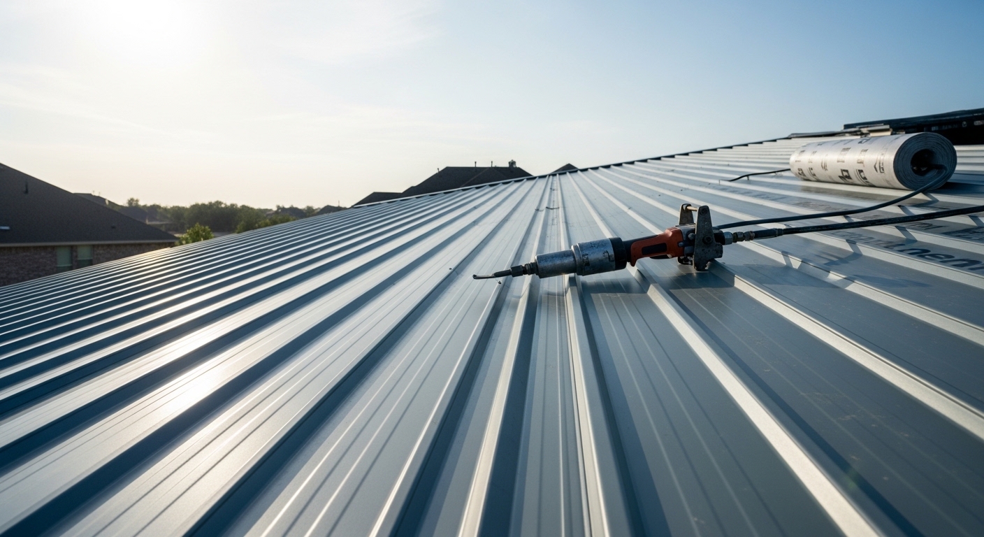 Newly installed metal roof panels on a residential home in Houston, TX, showing clean panel lines and finished ridge trim. The roof is photographed from street level against a clear Texas sky, with the surrounding neighborhood visible in the background.