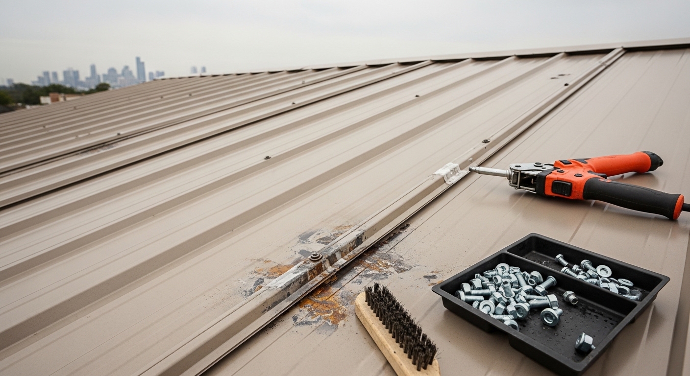 A metal roof on a Houston, TX residential home showing a completed repair at a seam and fastener line. Close-up view of sealed panel edges and restored flashing around a roof vent.