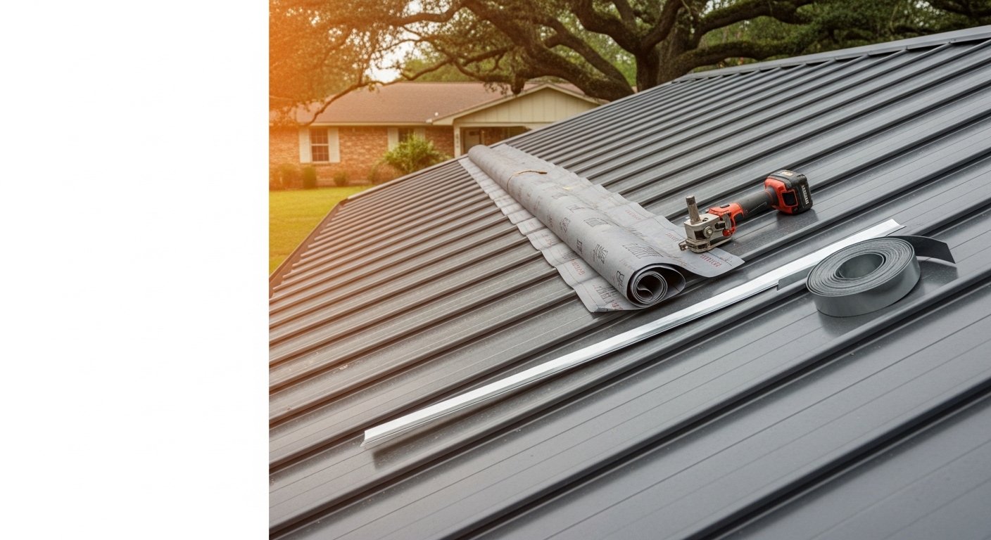 A completed metal roof replacement on a residential home in Houston, TX, showing clean panel lines and new flashing along the ridge and eaves. The roof sits under a clear Texas sky, with the surrounding neighborhood visible in the background.
