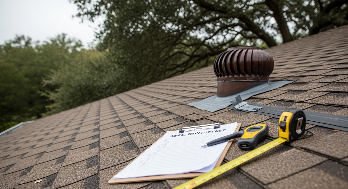 A Better Quality Roofing inspector examining shingle condition and flashing detail on a residential roof in Houston, TX. Close-up view shows granule wear and a penetration point around a roof vent being assessed for moisture intrusion.