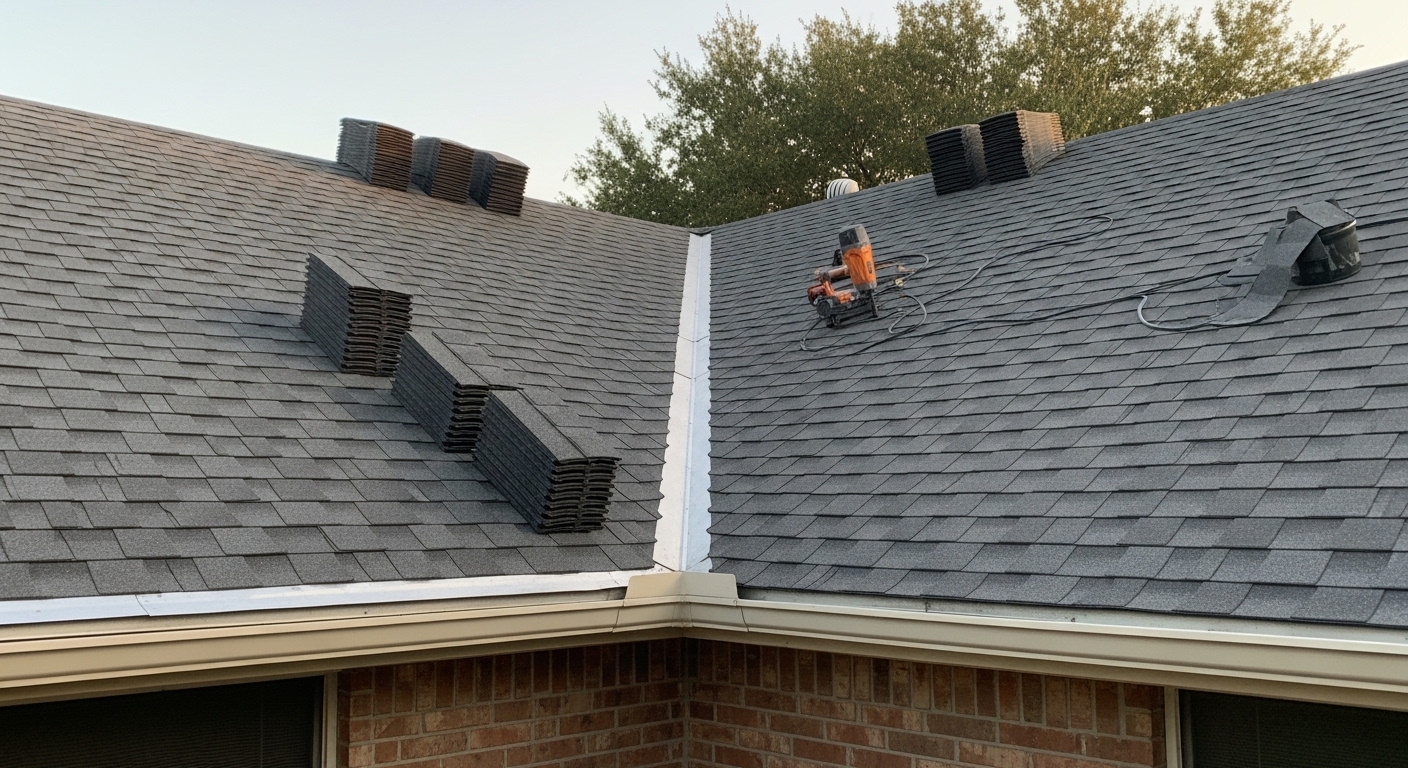 A completed residential roof replacement on a single-family home in Houston, TX, showing clean, uniform roofing installed over a full deck. The finished roof sits against a clear Texas sky with no visible damage or missing material.