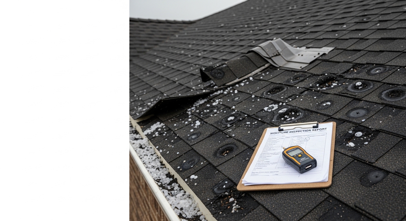 A Houston roofing contractor from Better Quality Roofing inspecting hail impact marks and granule loss on a residential roof after a storm. Close-up view of shingle damage documented for an insurance claim in Houston, TX.