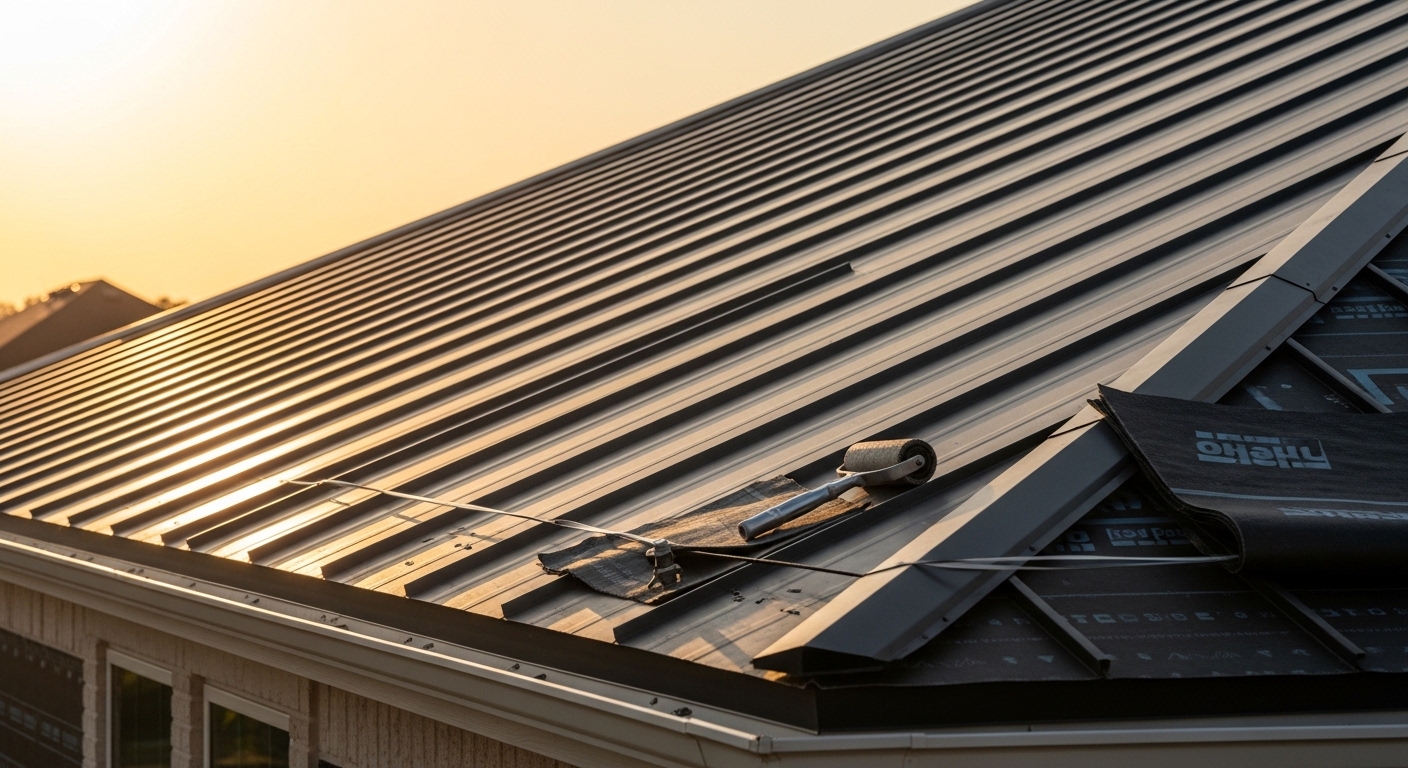 A completed standing seam metal roof installation on a residential home in Houston, TX, showing clean vertical panels with raised interlocking seams running from ridge to eave. The roof reflects bright Texas sunlight against a clear sky, with gutters and trim work finished at the roofline.