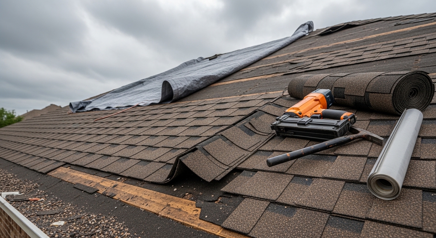 A Houston residential roof showing missing and lifted shingles along the ridge line after a severe hailstorm. A Better Quality Roofing crew member inspects the exposed underlayment and damaged flashing from a secured ladder position.